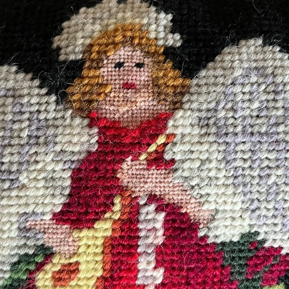 Christmas Angel Musical Instrument Pillow WOOL NEEDLEPOINT, RED velvet 14 x 14